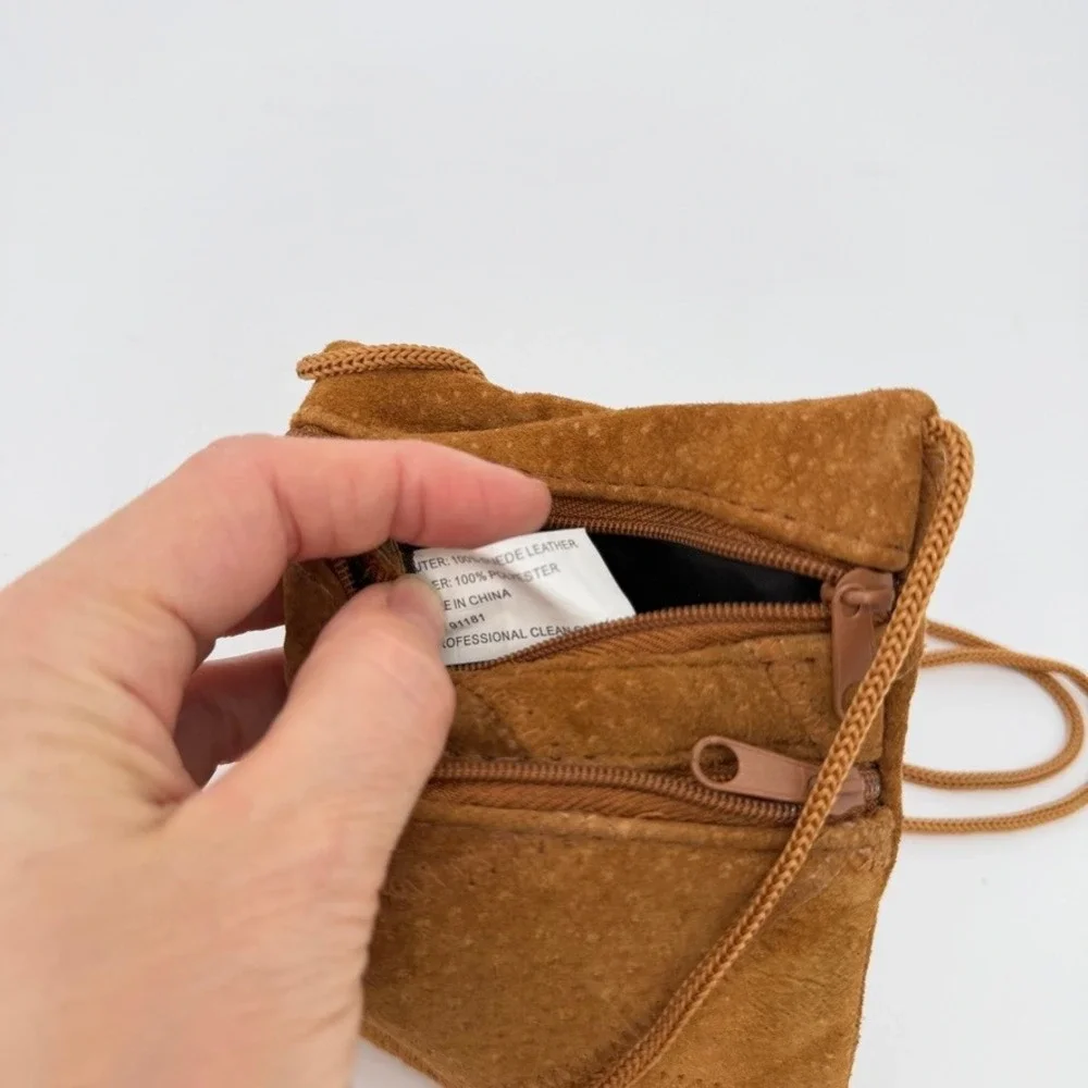 100% Suede Leather Crossbody Bag‎ Patchwork Look Brown Mini Boho Festival Purse